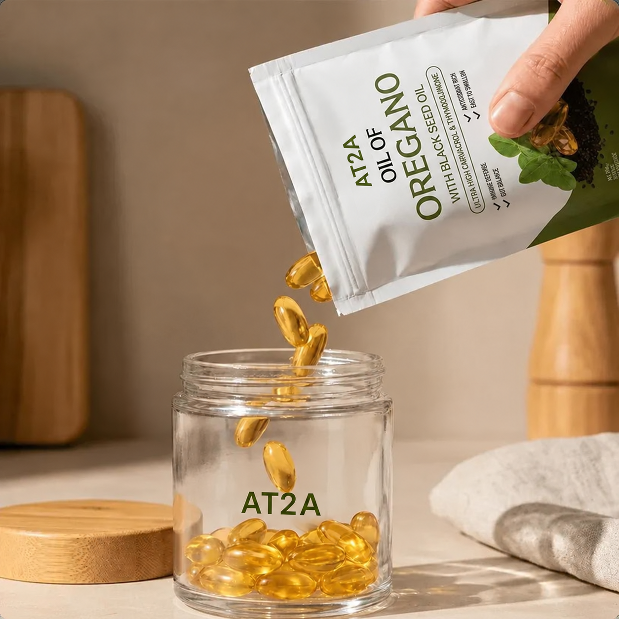 AT2A oregano oil softgels poured into the bamboo glass jar