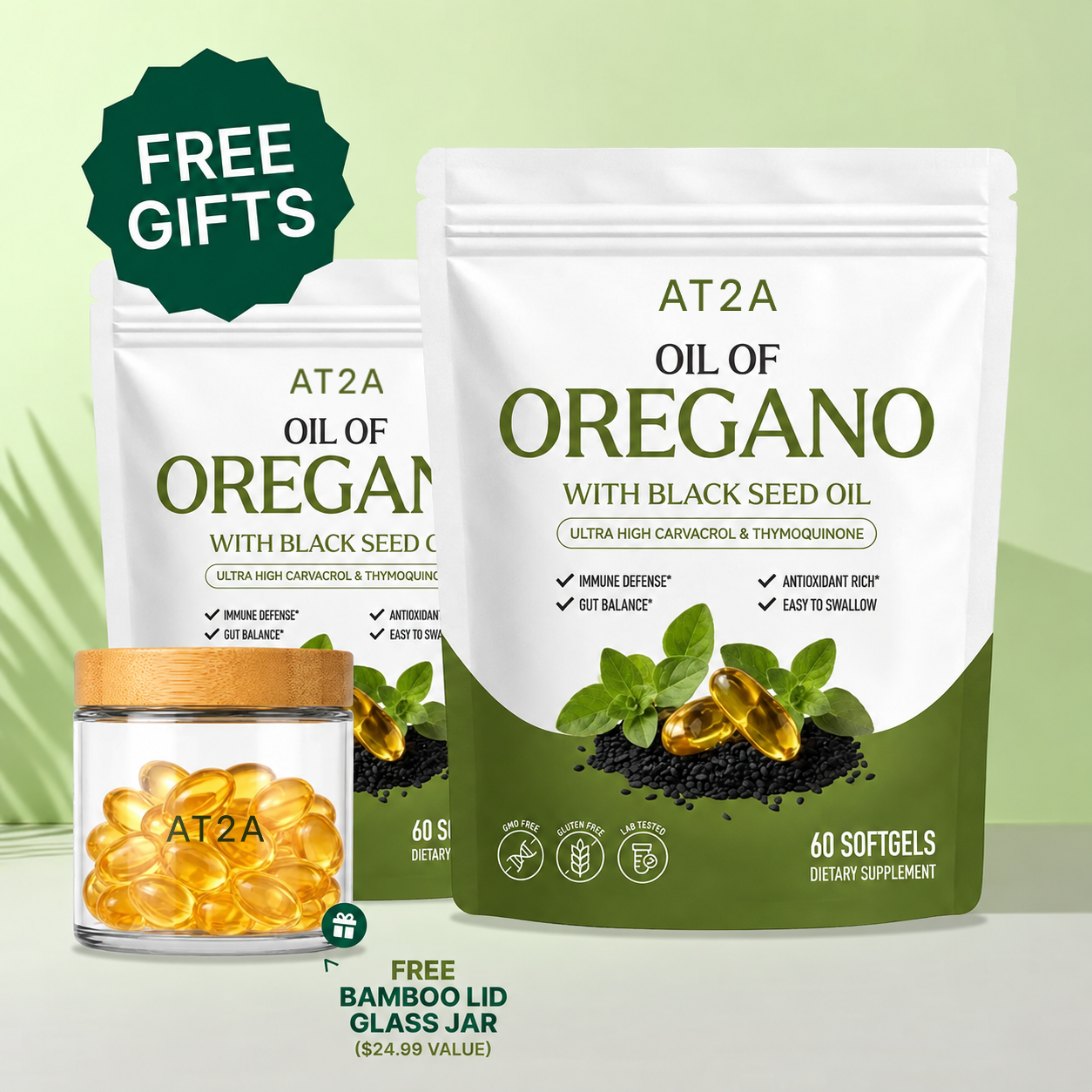 AT2A oregano oil bundle with free bamboo glass jar
